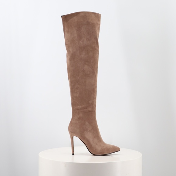 Pointed Toe Knee High Stiletto Heel Boot in Beige Faux Suede, Women’s - Picture 2 of 12
